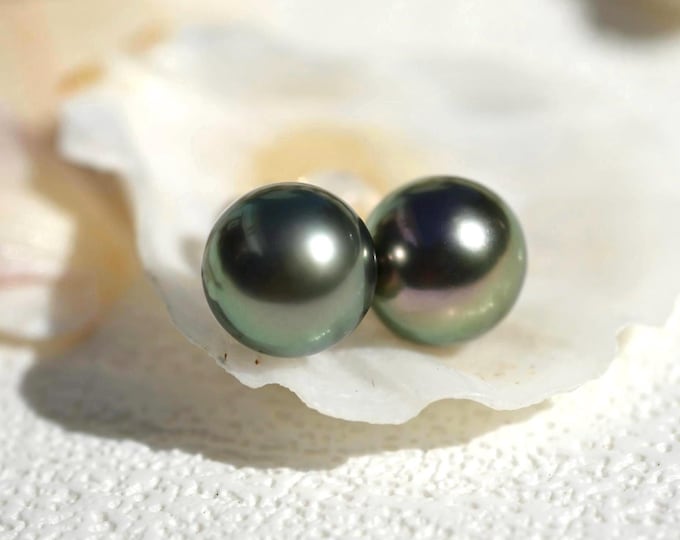 Tahitian Pearl Studs: Gem Green, Solid 18K Gold, AAA, 9mm, Green Pearl Studs, Black Pearls