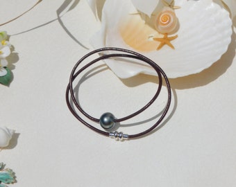 Leather and Tahitian Pearl Necklace | 13.6mm | Blue Green | Pearl and Leather Choker | Unisex | 17.75 inches | Black Pearl Leather Choker