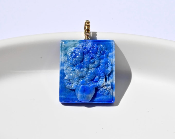 Van Gogh Inspired Lapis Lazuli Sunflower Pendant: Solid 18K Gold Bail, Hand-carved , Blue, Rectangle