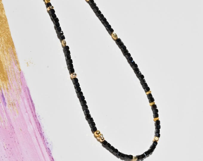 2.8mm Black Spinel Necklace: Solid 18k Gold Spacers and clasp, 18.25-inch, Black and Gold, Thin Gemstone Necklace