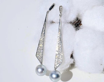 7.8mm Pastel Blue Akoya Pearl Long Drop Earrings: White Gold Plated Silver, Geometric Pearl Dangle Earrings