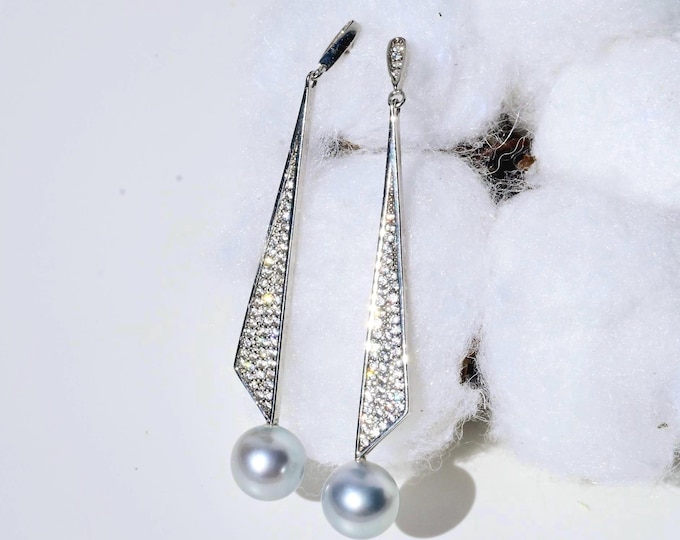 7.8mm Pastel Blue Akoya Pearl Long Drop Earrings: White Gold Plated Silver, Geometric Pearl Dangle Earrings