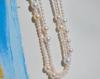 40 Inches Pearl Necklace | White Freshwater Pearls | Solid 14kt Gold Clasp | Two Strand Necklace | 4mm | 8mm | Long Necklace | AAA | Gift