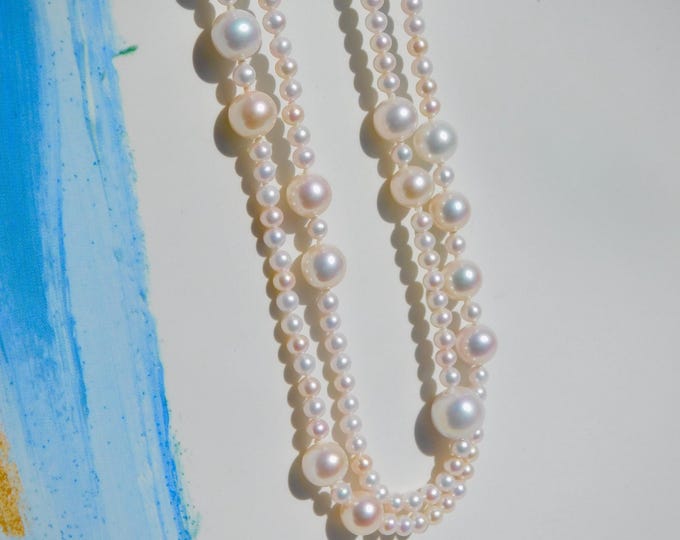 40 Inches Pearl Necklace | White Freshwater Pearls | Solid 14kt Gold Clasp | Two Strand Necklace | 4mm | 8mm | Long Necklace | AAA | Gift