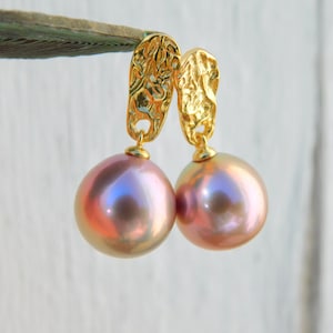 Vermeil Metallic Freshwater Pearl Earrings AAA Mauve Pink Near Round 11.4mm Yellow Gold over Silver Metallic image 9