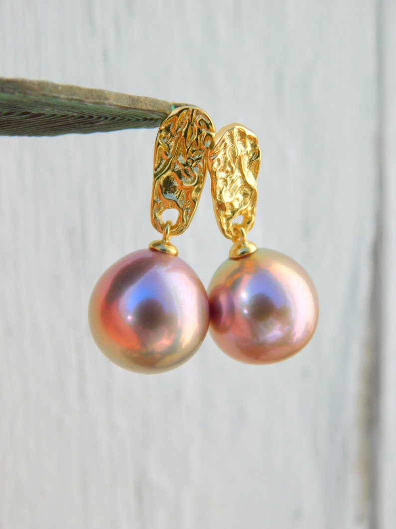 Vermeil Metallic Freshwater Pearl Earrings AAA Mauve Pink Near Round 11.4mm Yellow Gold over Silver Metallic image 9