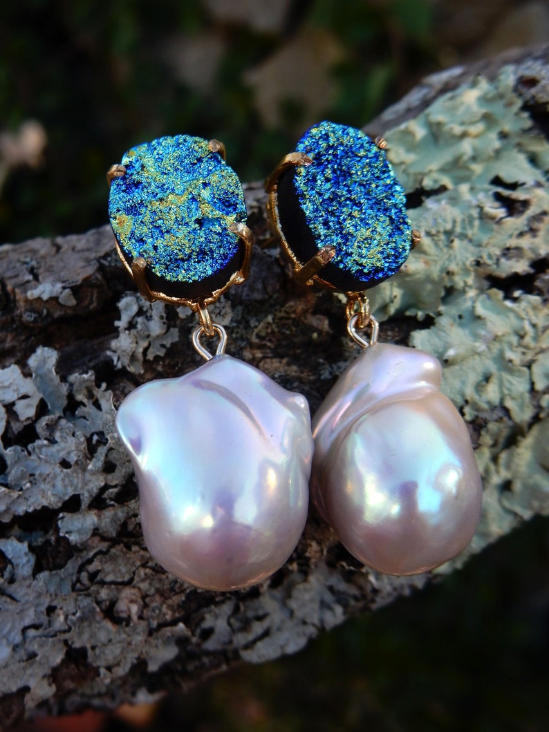 Big Pearl Earrings Gemstone and Pearl Ready to ship 16mm Blue Titanium Druzy Baroque Pearl Earrings
