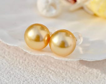 12.5mm Golden South Sea Pearl Studs: Solid 18K Gold, AAA, Gold Pearl Studs