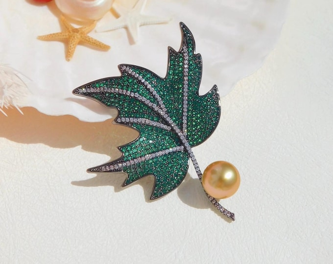 Maple Leaf Brooch | Golden South Sea Pearl | 10mm | AAA | Green Leaf | Pearl Brooch | Saltwater Pearl Pin | Leaf Brooch | Green | Rhinestone