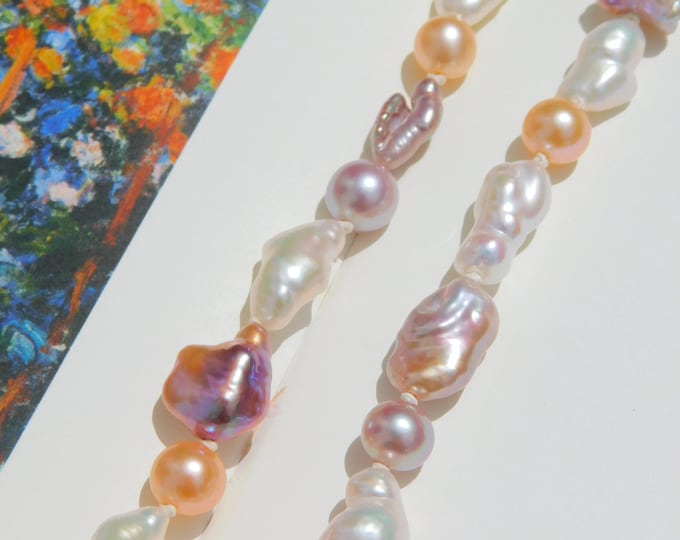 Freshwater Keshi Pearl Necklace | 6-9mm | 17.75 Inches | AAA+ | Solid 18kt Clasp | Free Formed Pearls | Pink | Mauve | White | Coral | Soft