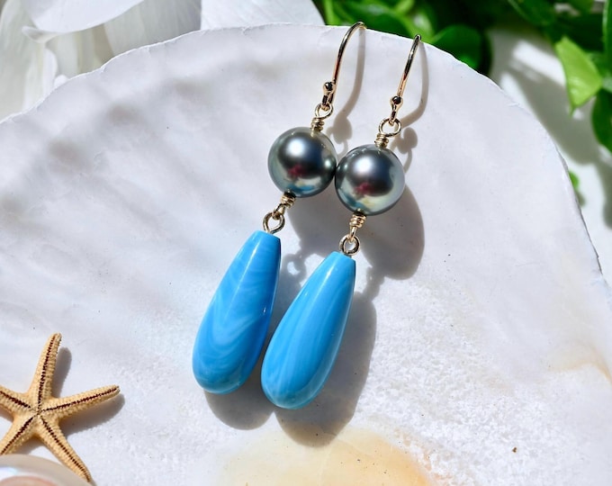 Tahitian Pearl & Hubei Turquoise Solid 18k Gold Teardrop Earrings