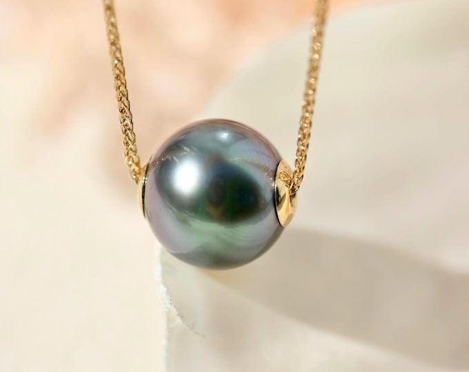 Floating Tahitian Pearl Necklace: Solid 18k Gold, Deep Aubergine Gray, Adjustable Chain, 10mm, AAA+