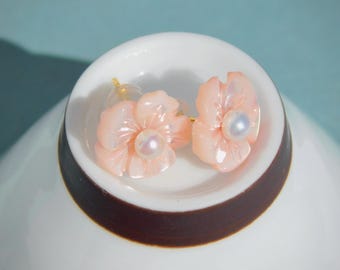 Cherry Blossom | Tiny Freshwater Pearls Pink Trochus Seashell Studs | 12mm Flower | 3.5mm | Flower Studs | 18K Gold | Baby Pink | AAA