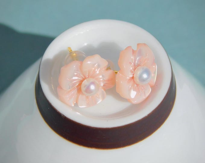 Cherry Blossom | Tiny Freshwater Pearls Pink Trochus Seashell Studs | 12mm Flower | 3.5mm | Flower Studs | 18K Gold | Baby Pink | AAA