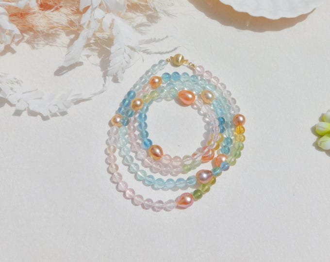 35 Inches | Aquamarine Morganite with Freshwater Pearl Necklace | Solid 14kt Yellow Gold |  AAA+ | Gemstone and Pearl | Peachy Pink