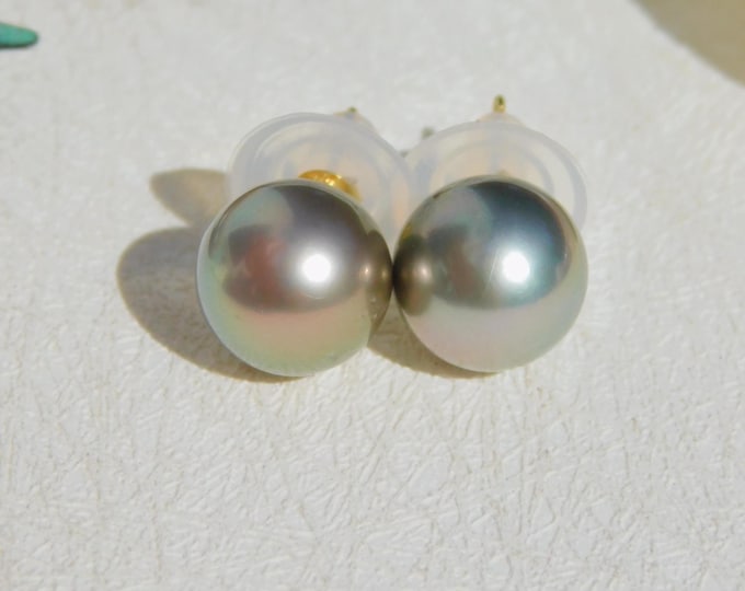 11mm Pastel Gray Green Tahitian Pearl Studs | AAA | Round | Solid 18K Gold Studs | Saltwater Pearl Studs | Light Tone Tahitian | Au750
