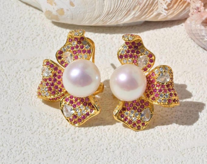 Freshwater Pearl Floral Statement Earrings: Gold Vermeil, Latch Back, Pink CZ