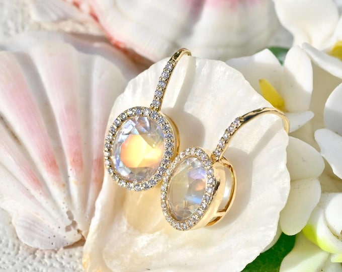 Golden Rainbow Moonstone Earrings: Solid 14K Gold, 2.59 CT and 2.19 CT Pair