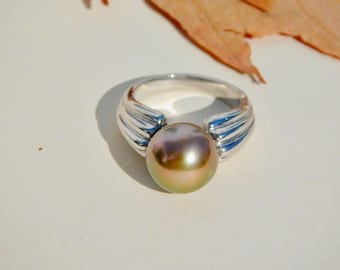 11.2mm Tahitian Pearl Sterling Silver Ring | Tahitian Gold | Near Round | Unisex | Size 6.5 US | Black Pearl Ring | Heavy Silver Ring | AAA