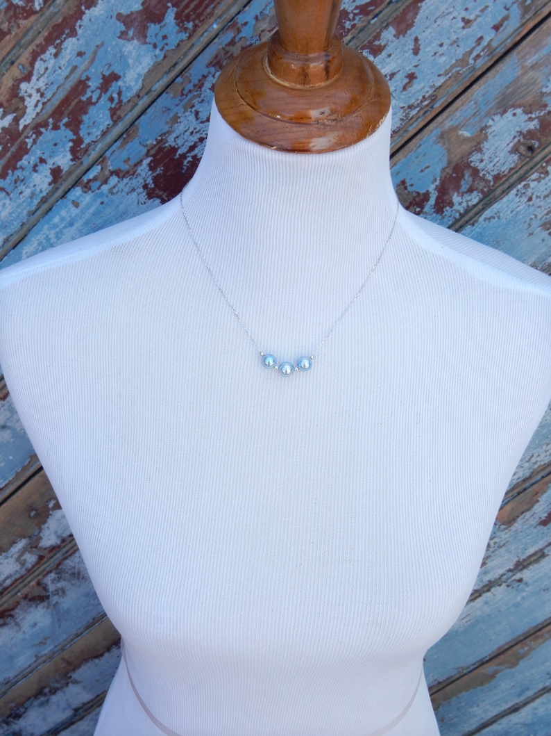 Ready to Ship Dainty Saltwater Pearls 9mm Three Akoya Blue Pearl 18k White Gold Chain Necklace Floating Pearls