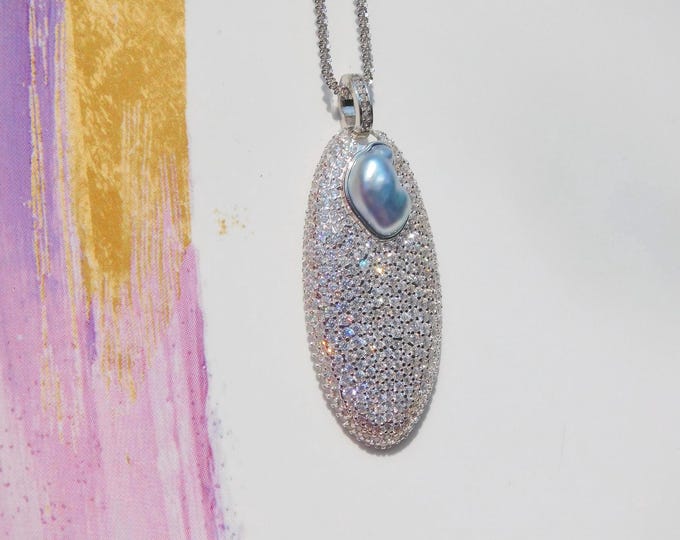 Tahitian Keshi Pearl Sterling Silver Pendant | No Chain | Gray | 20mm* 41mm | Tahitian Pearl | AAA | White Gold Over S925 | Modern Design