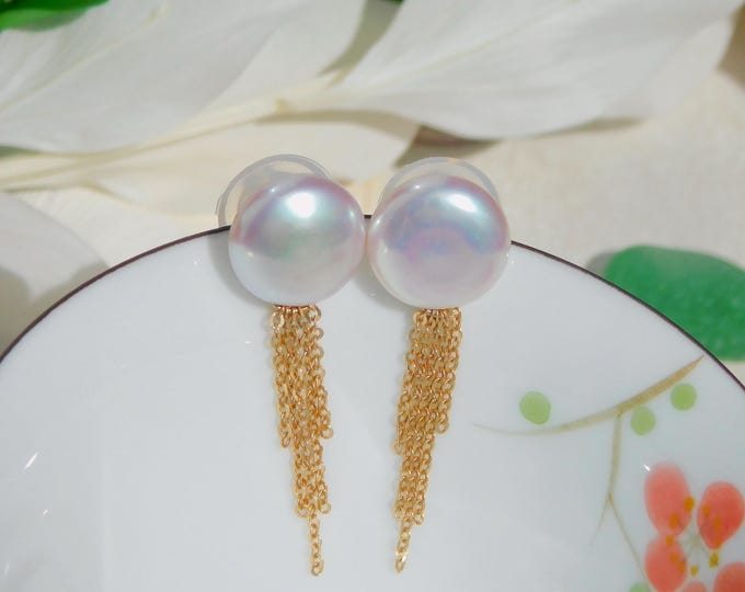 Coin Pearl Tassel Earrings | Solid 18k Yellow | Fringe Earrings |  Freshwater Pearls | 13mm | White Pearls | AAA | Drop Earrings | Au750