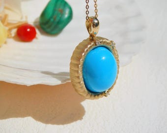 Oval Blue Turquoise Pendant | 21mm | Solid 9K Gold | Reversible Pendant |  North Star | Authentic Blue Turquoise | Undyed | Hubei Turquoise