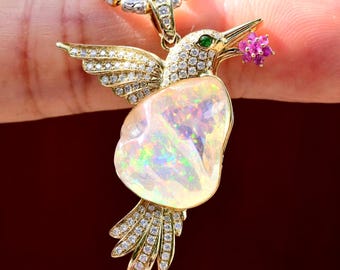7.1ct Mexican Opal Hummingbird Pendant: Solid 9K Gold, Natural Opal, Tsavorite & Ruby, Iridescent Opal Bird Jewelry