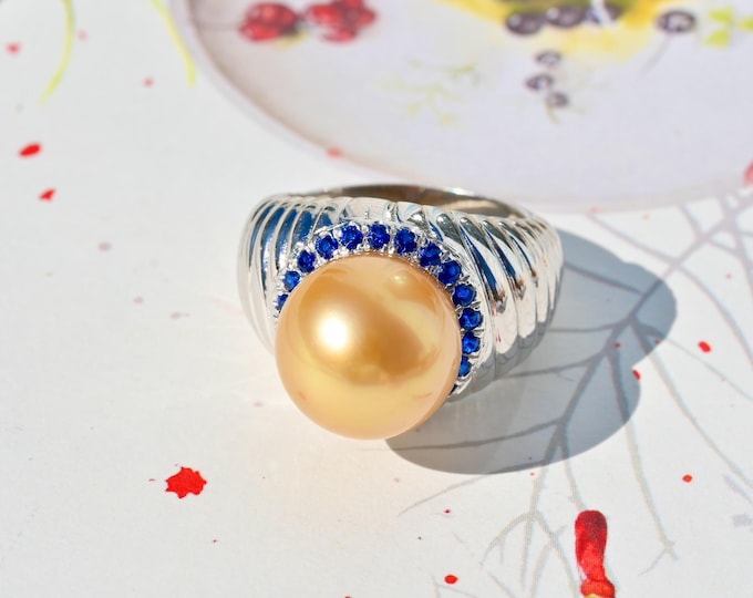 12.4mm Golden South Sea Pearl Ring: White Gold Plated Sterling Silver, AA+, 7 1/4 US Size
