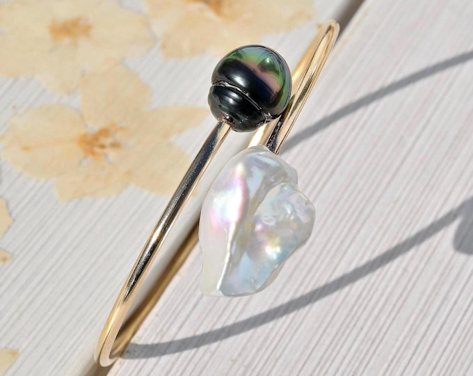 Dual Pearl Bypass Bangle: Very Peacock Tahitian, 2.3mm Round Gold filled Open Bangle, 6.5-6.75 inch Wrist Size, AAA