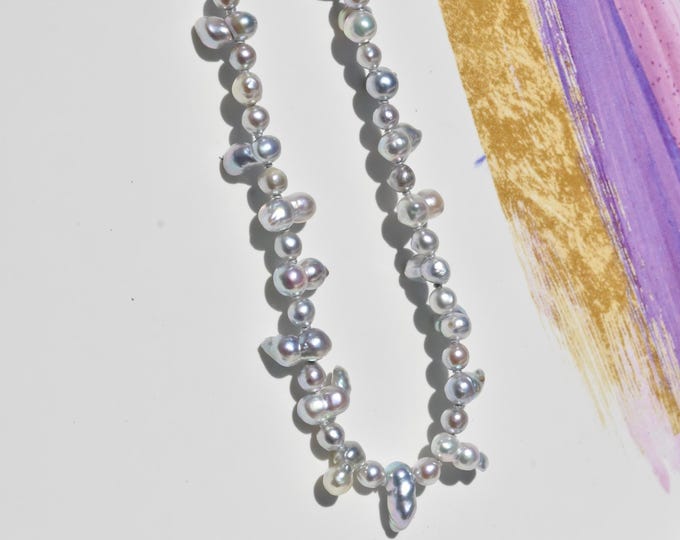 Pastel Blue Akoya Pearl Necklace: Cultured Saltwater, Small Twin Pearls, Solid 18K Gold Clasp, Adjustable