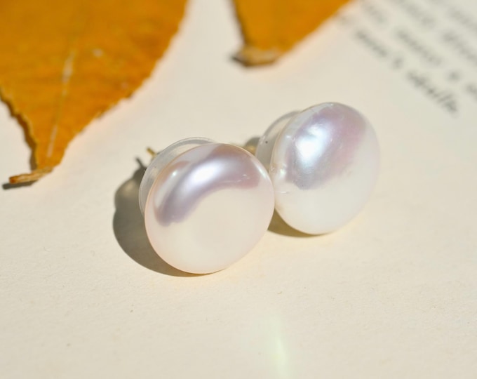 Large Button Freshwater Pearl Studs: 15mm, Coin Freshwater Pearls, Solid 18K Gold, AAA+, White