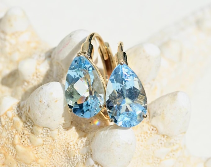 2.01 ct Natural Aquamarine Hoop Earrings: Solid 14K Gold, 10mm Hoops, Pearl Cut Blue Aquamarine
