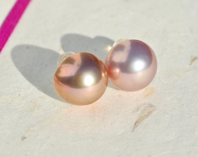 Mismatched Mabe Pearl Studs: Solid 18K Gold, AAA+, Bronze Pink, Mauve Pink