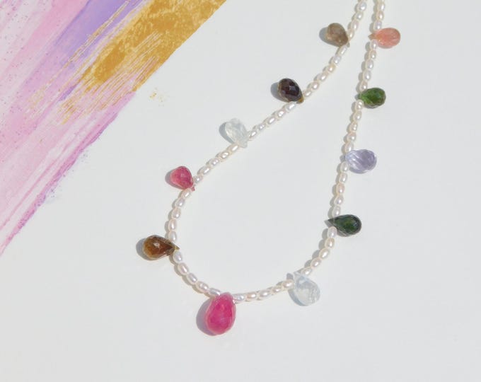 16'' Freshwater Pearl Colorful Gemstone Charm Necklace | Pearl and Gemstone | Solid 18k Gold | AAA | Rainbow Tourmaline | Moonstone | Ruby