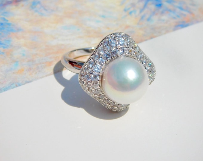 Cluster Freshwater Pearl Ring | 12mm | White Freshwater | AAA+ | Round | Size 7.25 US | White Gold Plated Sterling Silver | CZ Pearl Ring