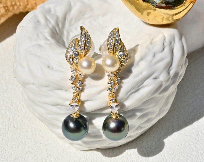 Vermeil Tahitian & Cream Akoya Pearl Earrings: AAA, Leaf, Peacock, Two Tone Pearls