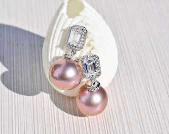 Pink Mauve Pearl Earrings: White Gold Plated Sterling, AAA, 11.6mm, Drop Earrings