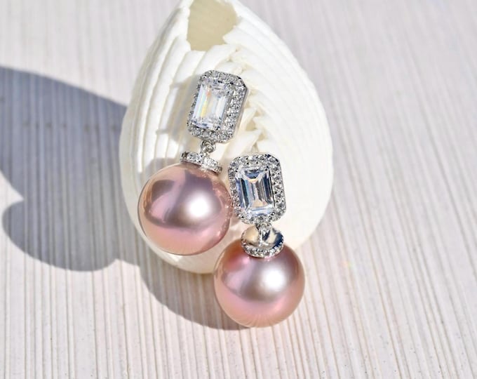 Pink Mauve Pearl Earrings: White Gold Plated Sterling, AAA, 11.6mm, Drop Earrings