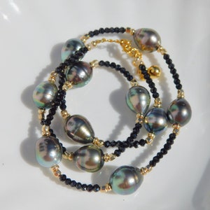 Black Spinel Tahitian Pearl Necklace Tin Cup Gold Filled Multi-color Tahitian Pearls Gemstone and Pearl Adjustable 18'' to 20'' image 8