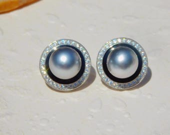 Gray Tahitian Pearl Earrings: Black Enamel, White Gold Plated Sterling Silver