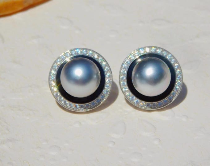 9.9mm Tahitian Pearl Black Enamel Post Earrings | Silver Gray | White Gold Plated Sterling Silver | AAA | Black | Silver | CZ | Black Pearls