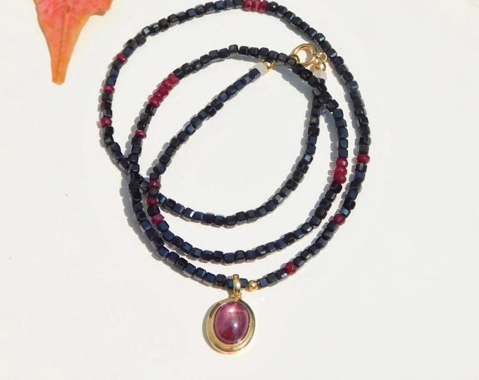 Black Spinel with Natural Star Ruby Pendant Necklace | Red | Black | Solid 18kt Gold | 9kt Gold | 18.25 Inches | Gemstone Necklace