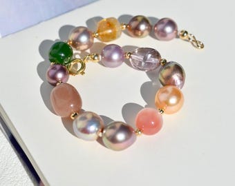 Multi-Color Pearl & Gemstone Bracelet: Freshwater Pearl, Gold Filled Clasp, Agate, Amethyst, Jadeite
