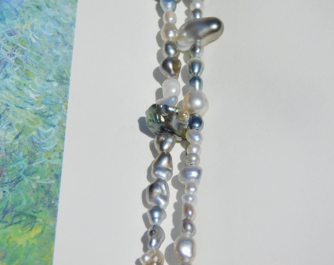 Tiny Tahitian Keshi Pearl Necklace: Solid 18k White Gold, Freeform Black Pearls