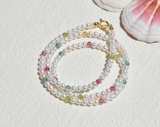 Freshwater Pearl & Multi-color Tourmaline Necklace: Solid 18K Gold, 16.5 inches, Natural Pearl and Gemstone