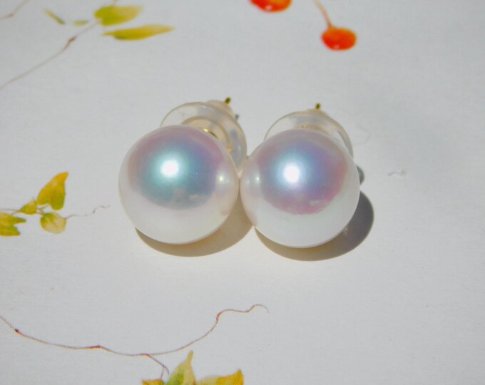 12.2mm White Freshwater Pearl Studs | White | Large Studs | Solid 18k Gold | AAA+ | Round | Large Stud Earrings | Au750 | White Pearl Studs