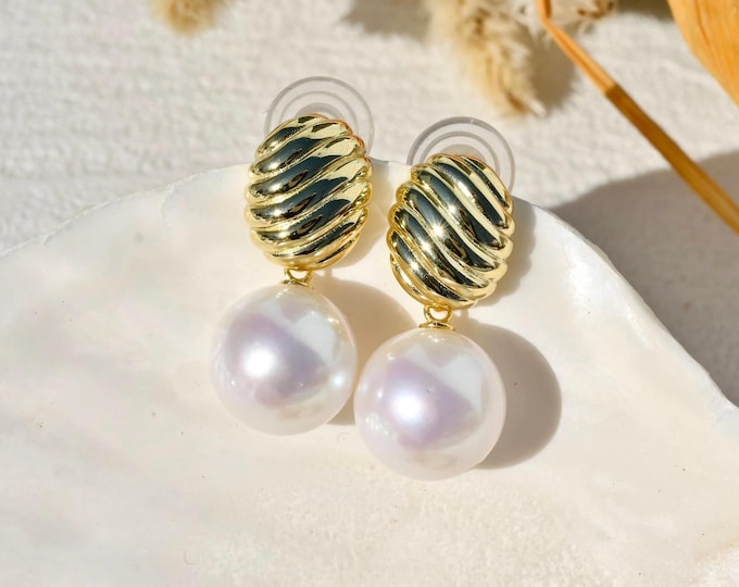 13.2mm White Pearl Drop Earrings: Vermeil Croissant, AAA, Freshwater Pearls