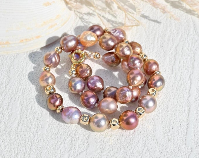 Metallic Kasumi-like Pearl Necklace: Rainbow Luster, 15.5-Inch, Gold Filled, Ripple Pearls
