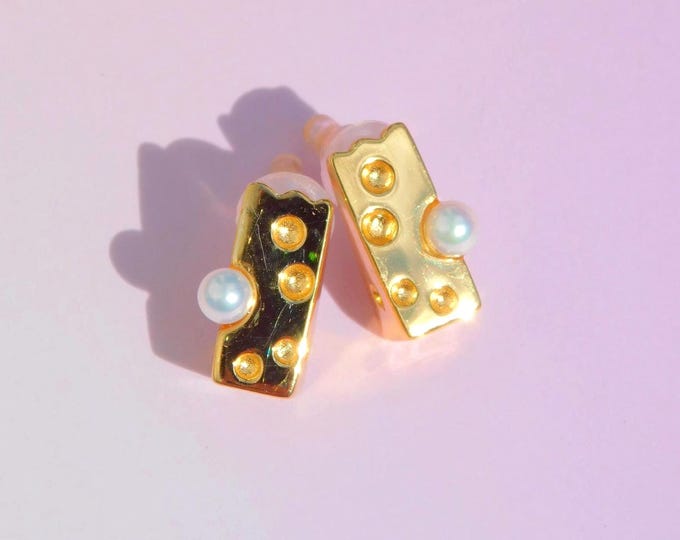 Cute Cheese | Vermeil Akoya Pearl Stud Earrings | 3D Post Earrings | Gold Plated Silver | Japanese Akoya | 3.5mm | AAA | Round